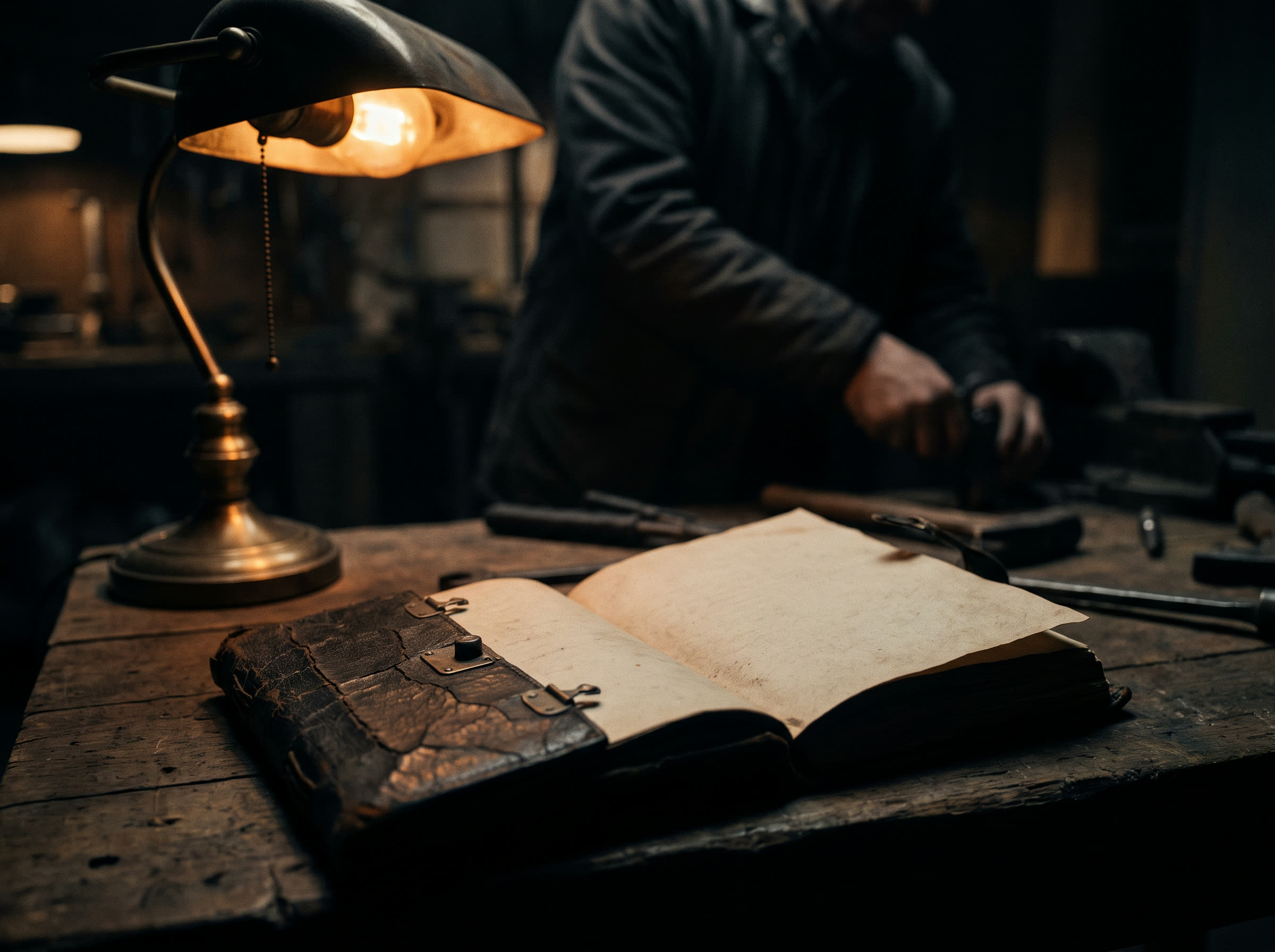 A weathered notebook open on a workbench under warm lamplight