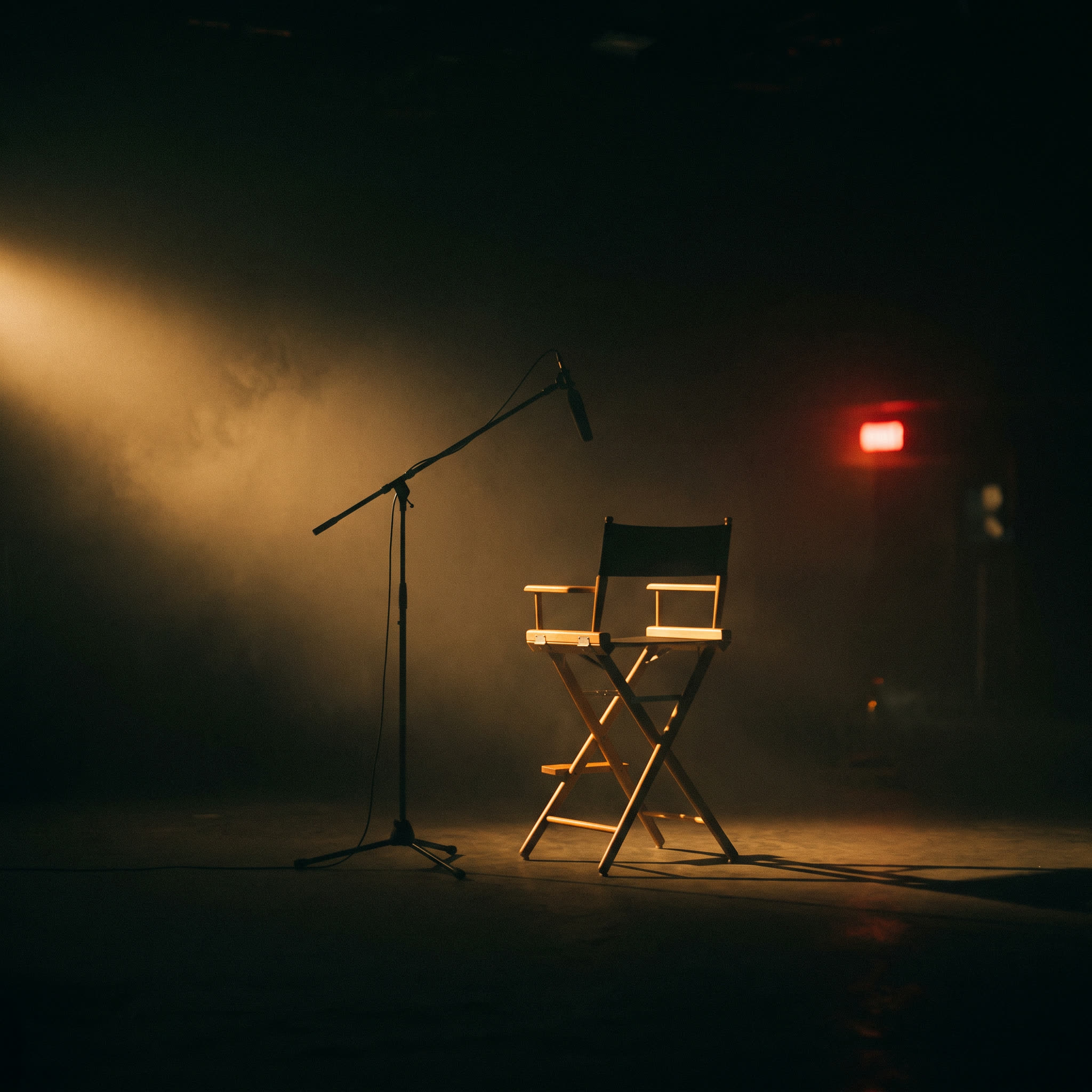 An empty chair lit by a single warm light in a dark room, ready for a live conversation